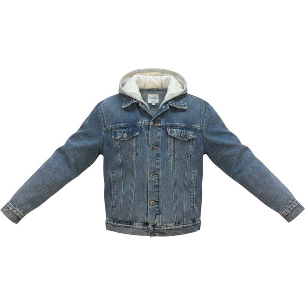 Love Tree Denim Hooded Jean Jacket Medium Wash Frayed Hem Trucker Womens Medium